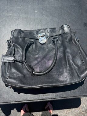 Michael Kors Black Leather Tote with Silver MK Medallion